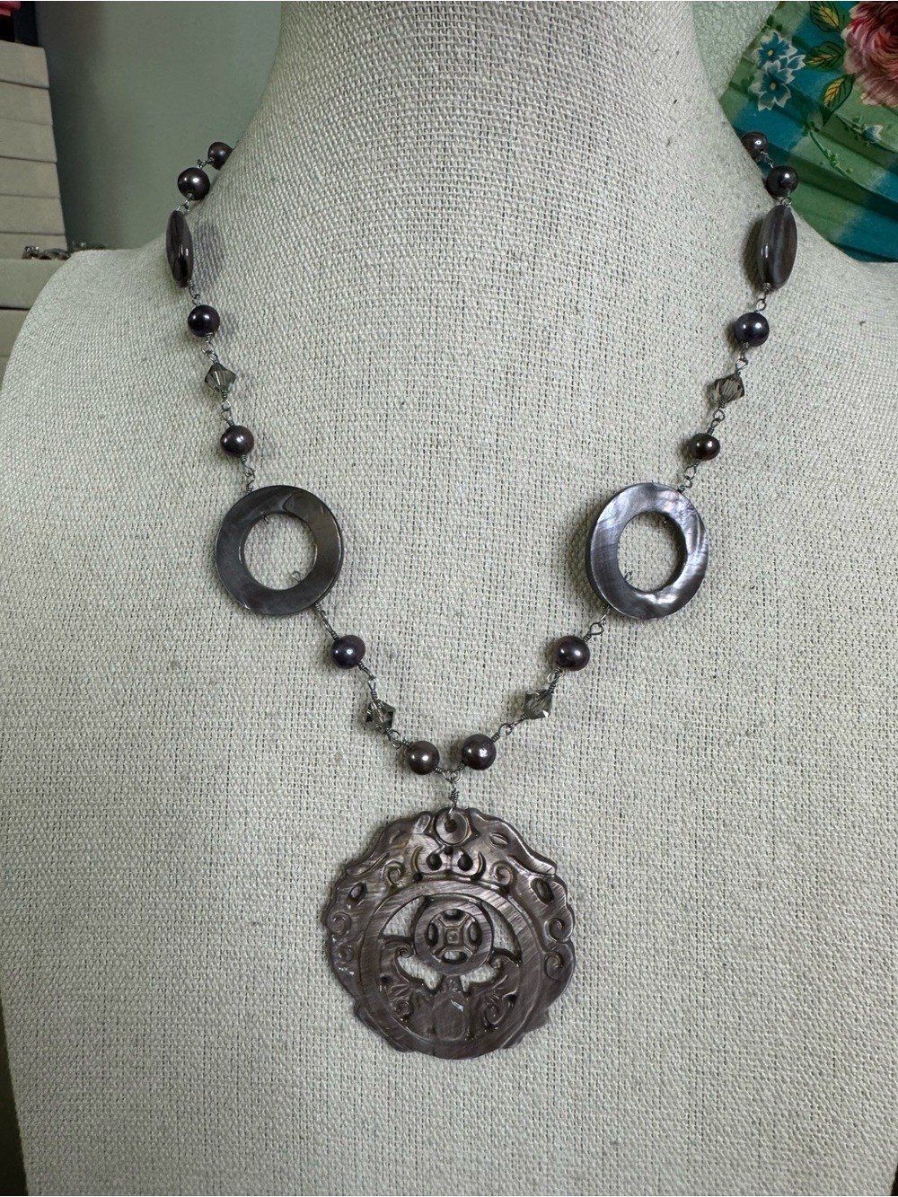 Hand Crafted Metallic Gray Shell Medallion Necklace with Pearls and Crystals